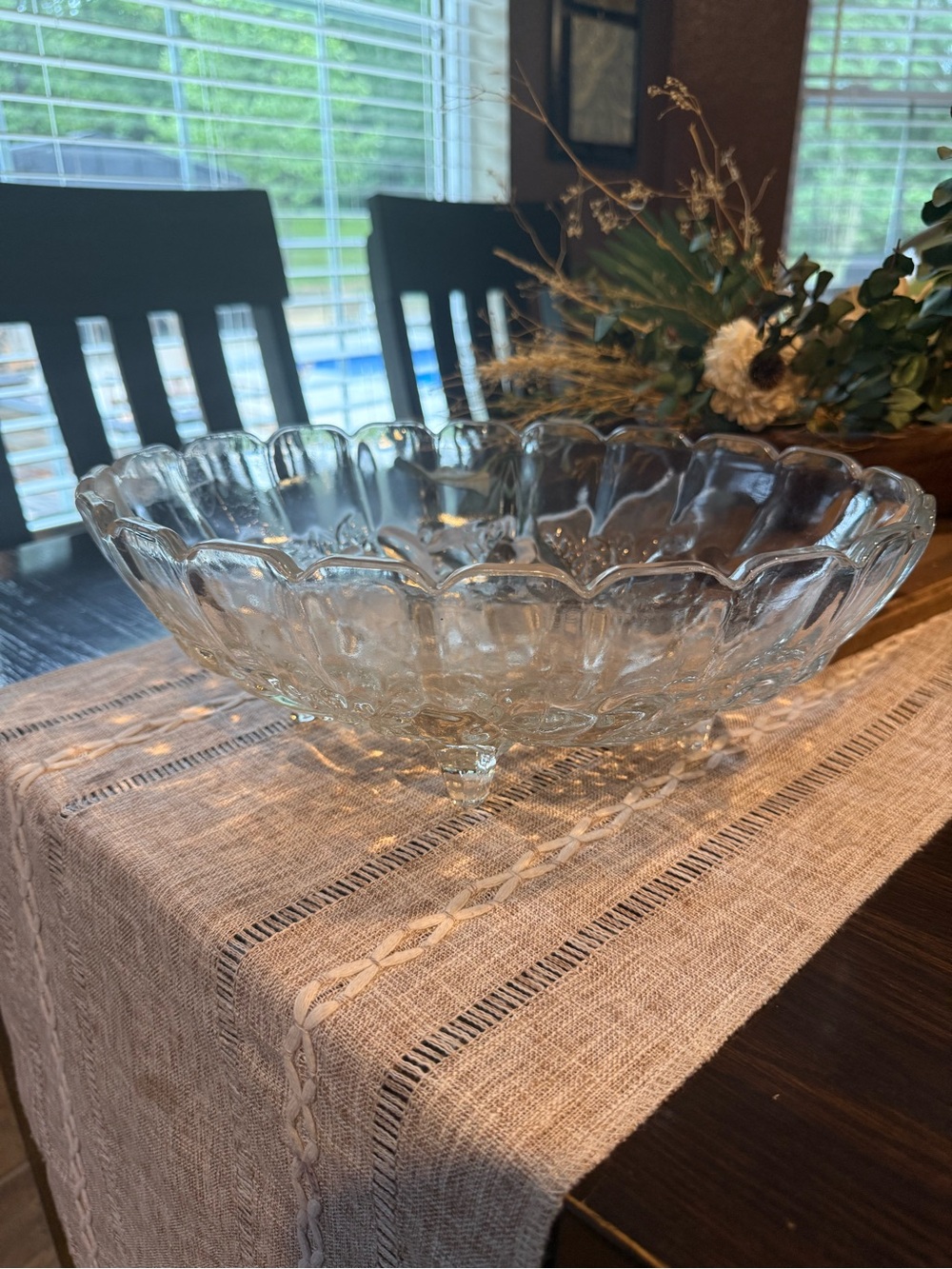 Indiana Glass Centerpiece Footed Bowl Garland Clear Oval Embossed Fruit 12”